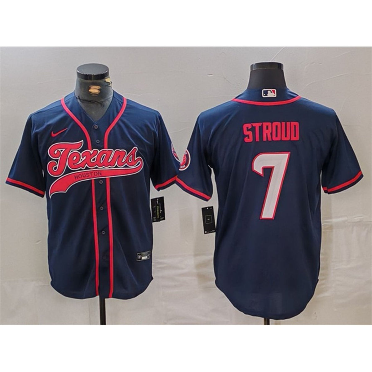 Men's Houston Texans #7 C.J. Stroud Navy With Patch Cool Base Stitched Baseball Jersey 