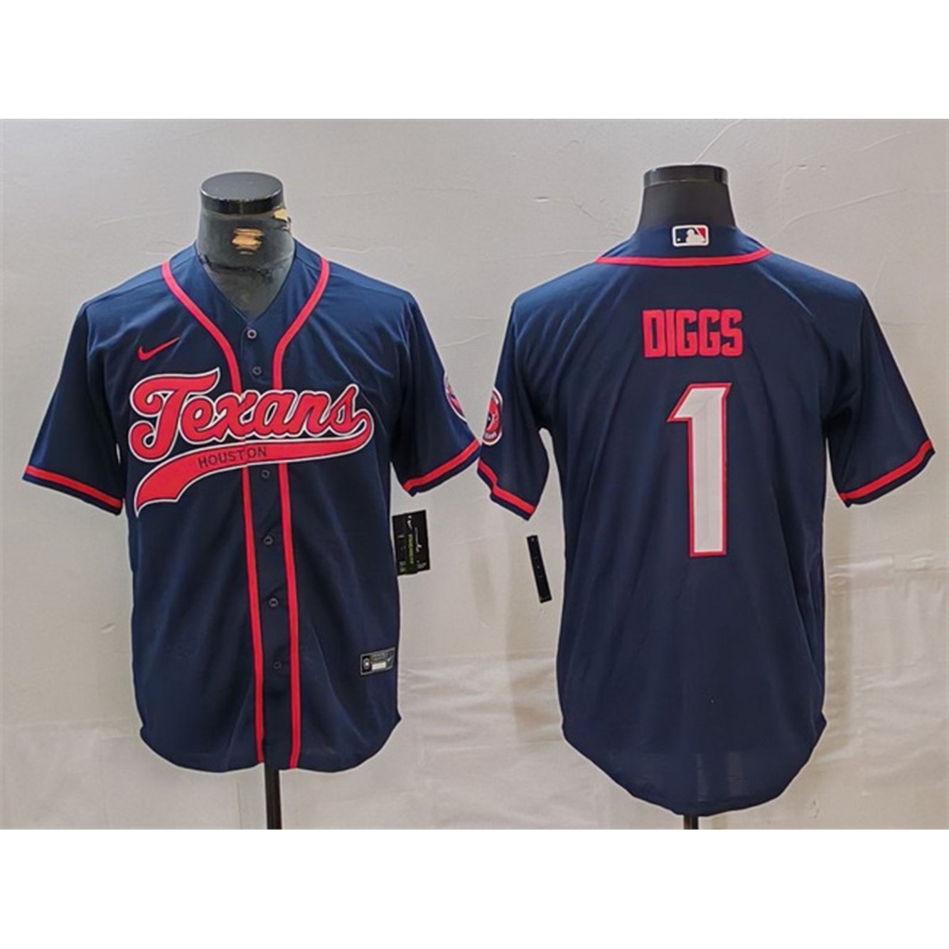 Men's Houston Texans #1 Stefon Diggs Navy With Patch Cool Base Stitched Baseball Jersey 