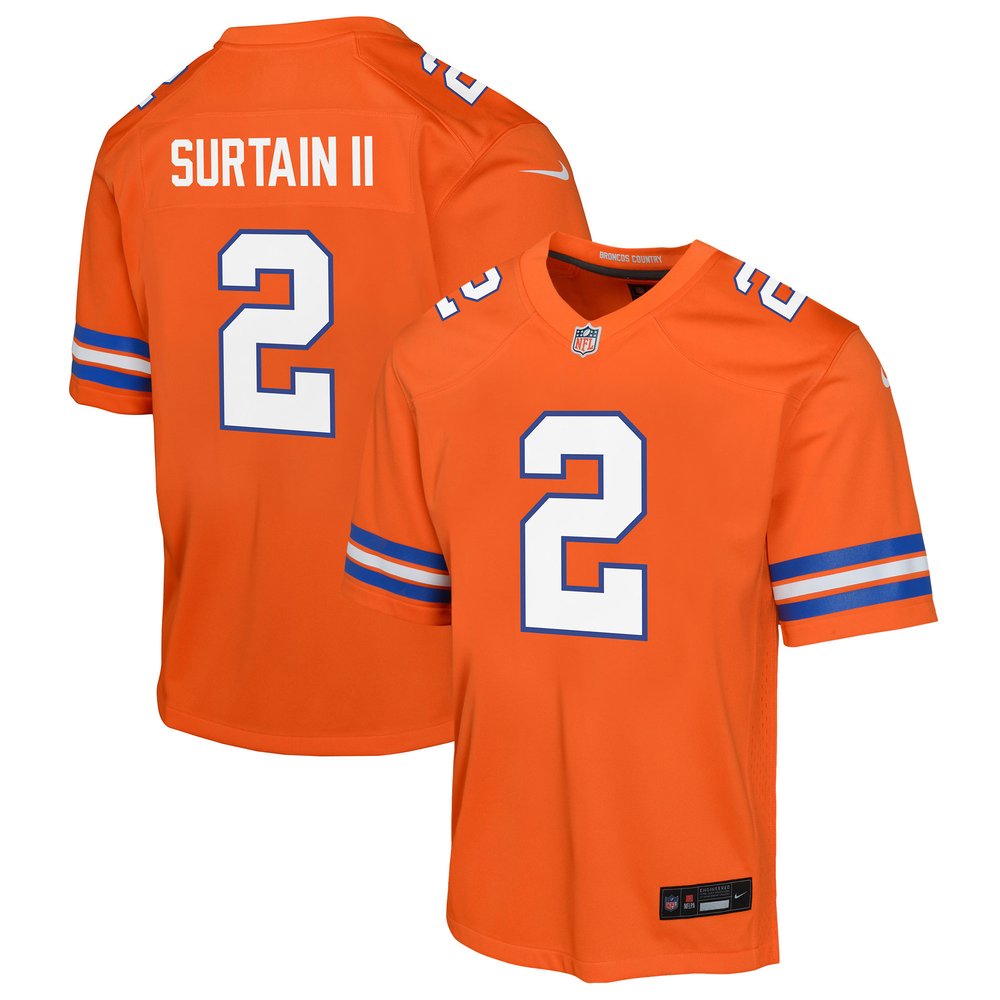 Youth Denver Broncos Patrick Surtain II Orange Mile High Collection 1977 Throwback Game Jersey 