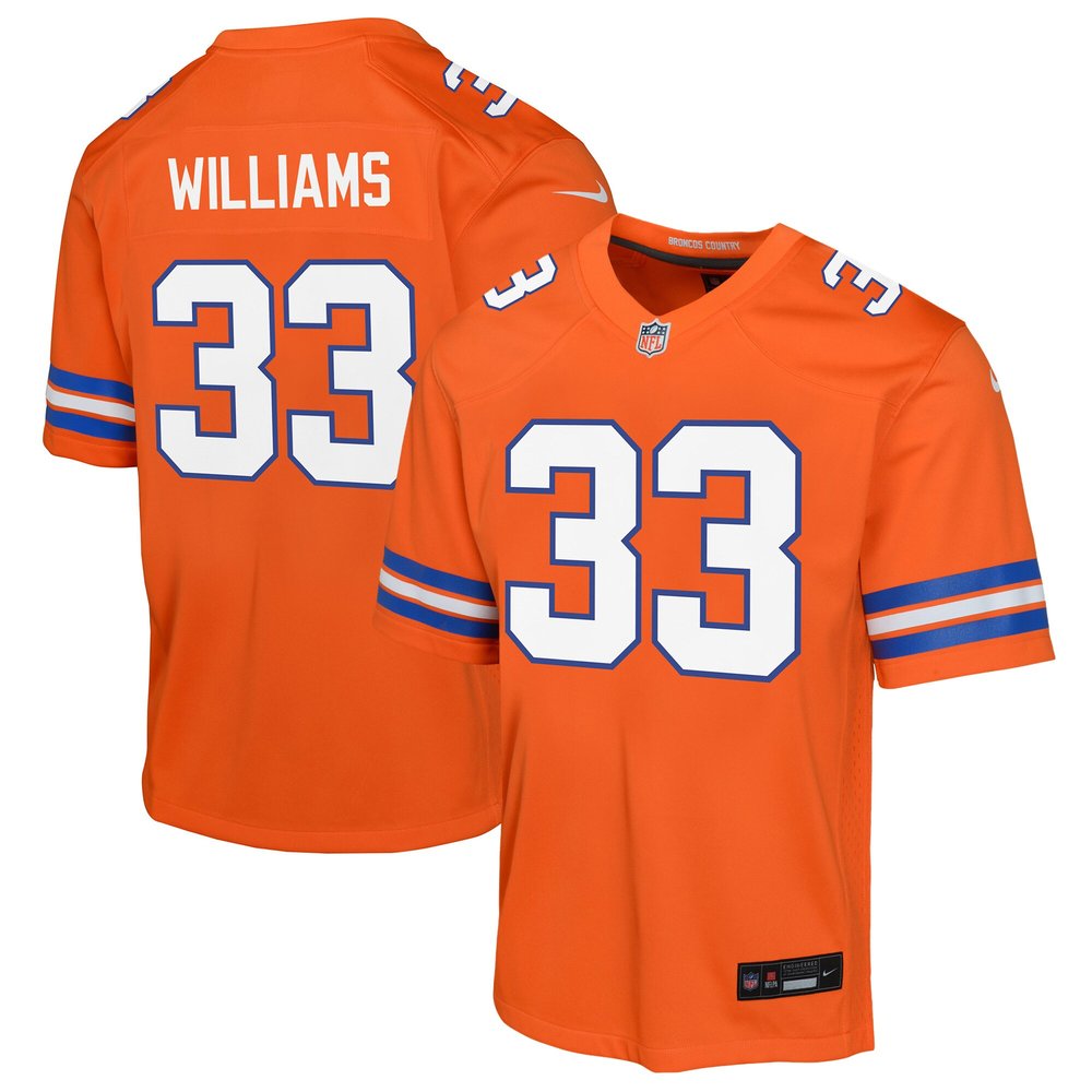Youth Denver Broncos Javonte Williams Orange Mile High Collection 1977 Throwback Game Jersey 