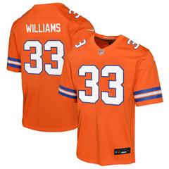 Youth Denver Broncos Javonte Williams Orange Mile High Collection 1977 Throwback Game Jersey 