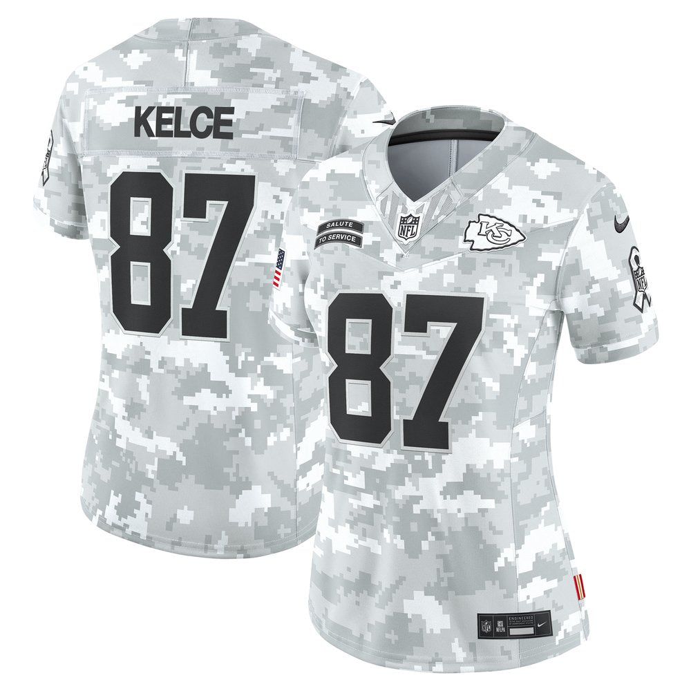 Women's Kansas City Chiefs Travis Kelce Arctic Camo 2024 Salute to Service Limited Jersey 