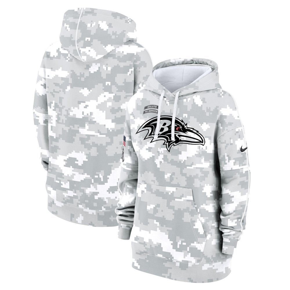 Women's Baltimore Ravens Arctic Camo 2024 Salute To Service Club Fleece Pullover Hoodie 