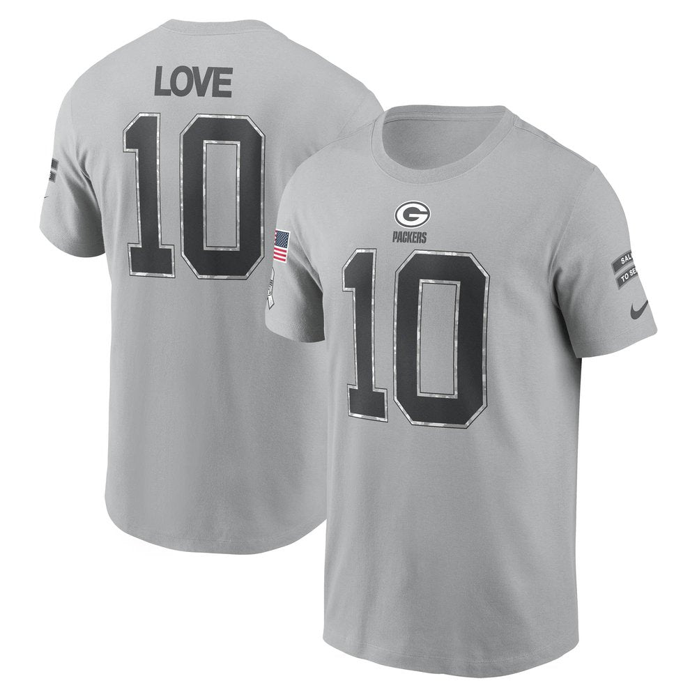 Men's Green Bay Packers Jordan Love Gray 2024 Salute To Service Name & Number T-Shirt 