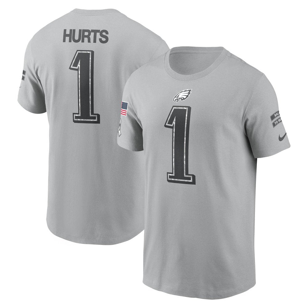Men's Philadelphia Eagles Jalen Hurts Gray 2024 Salute To Service Name & Number T-Shirt 