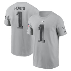 Men's Philadelphia Eagles Jalen Hurts Gray 2024 Salute To Service Name & Number T-Shirt 