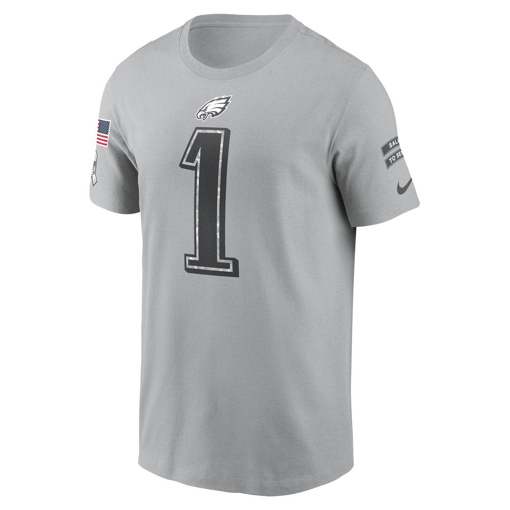 Men's Philadelphia Eagles Jalen Hurts Gray 2024 Salute To Service Name & Number T-Shirt 