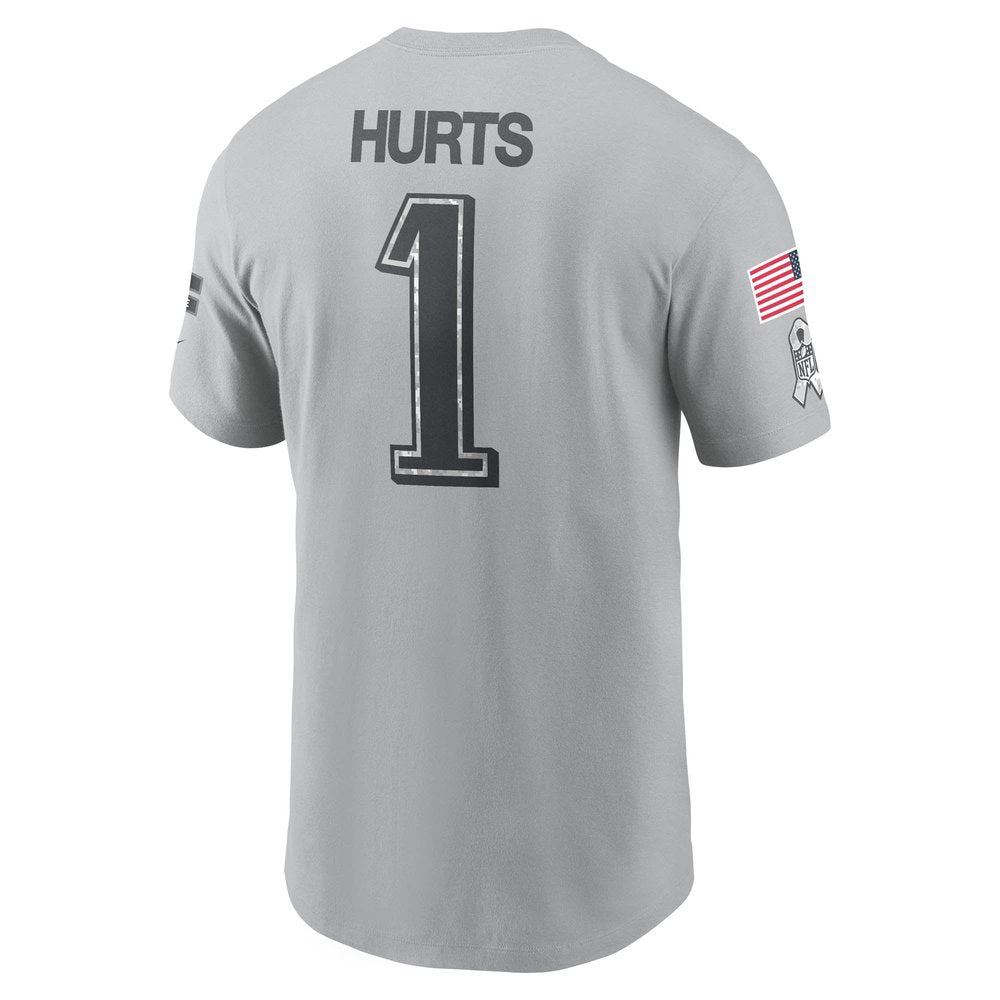 Men's Philadelphia Eagles Jalen Hurts Gray 2024 Salute To Service Name & Number T-Shirt 