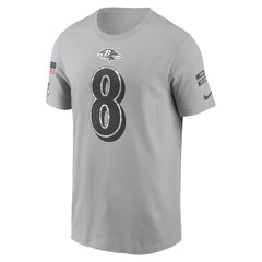 Men's Baltimore Ravens Lamar Jackson Gray 2024 Salute To Service Name & Number T-Shirt 
