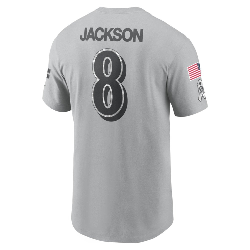Men's Baltimore Ravens Lamar Jackson Gray 2024 Salute To Service Name & Number T-Shirt 