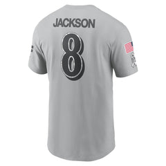 Men's Baltimore Ravens Lamar Jackson Gray 2024 Salute To Service Name & Number T-Shirt 