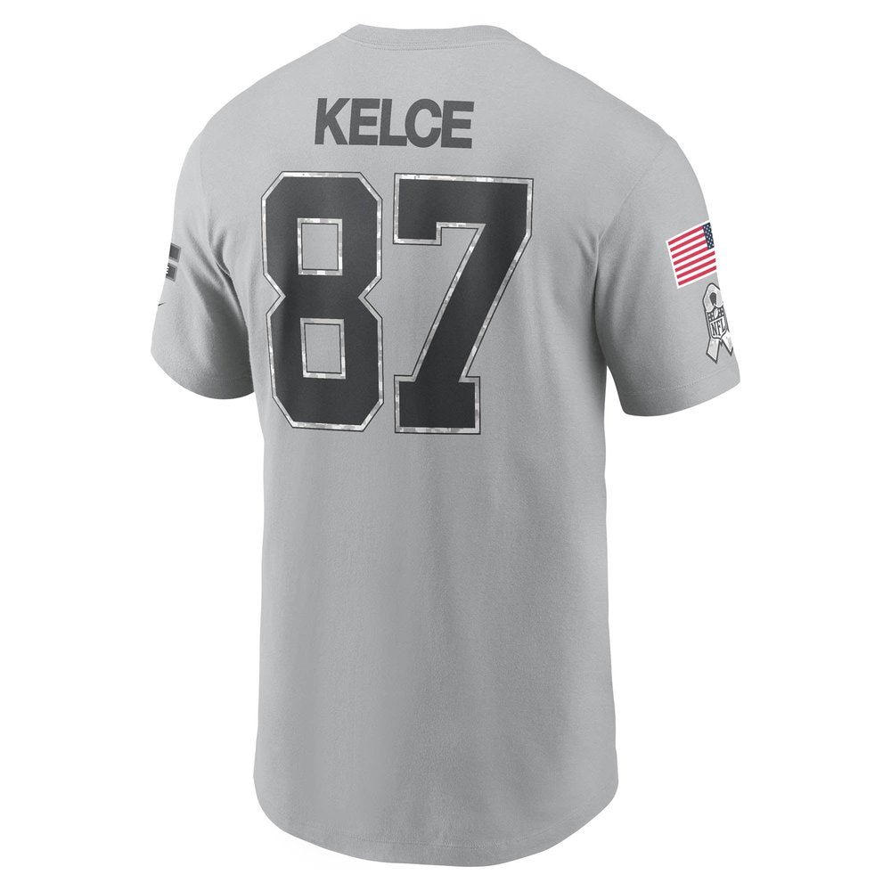Men's Kansas City Chiefs Travis Kelce Gray 2024 Salute To Service Name & Number T-Shirt 