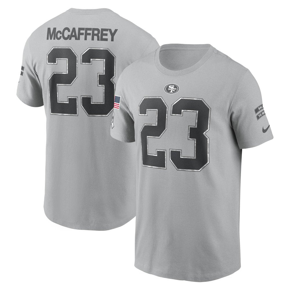Men's San Francisco 49ers Christian McCaffrey Gray 2024 Salute To Service Name & Number T-Shirt 