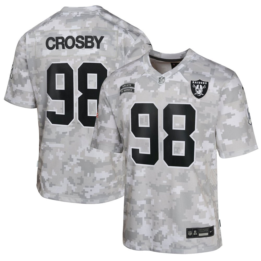Youth Las Vegas Raiders Maxx Crosby Arctic Camo 2024 Salute to Service Game Jersey 