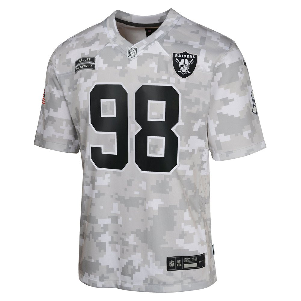 Youth Las Vegas Raiders Maxx Crosby Arctic Camo 2024 Salute to Service Game Jersey 