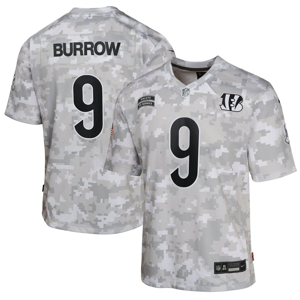 Youth Cincinnati Bengals Joe Burrow Arctic Camo 2024 Salute to Service Game Jersey 