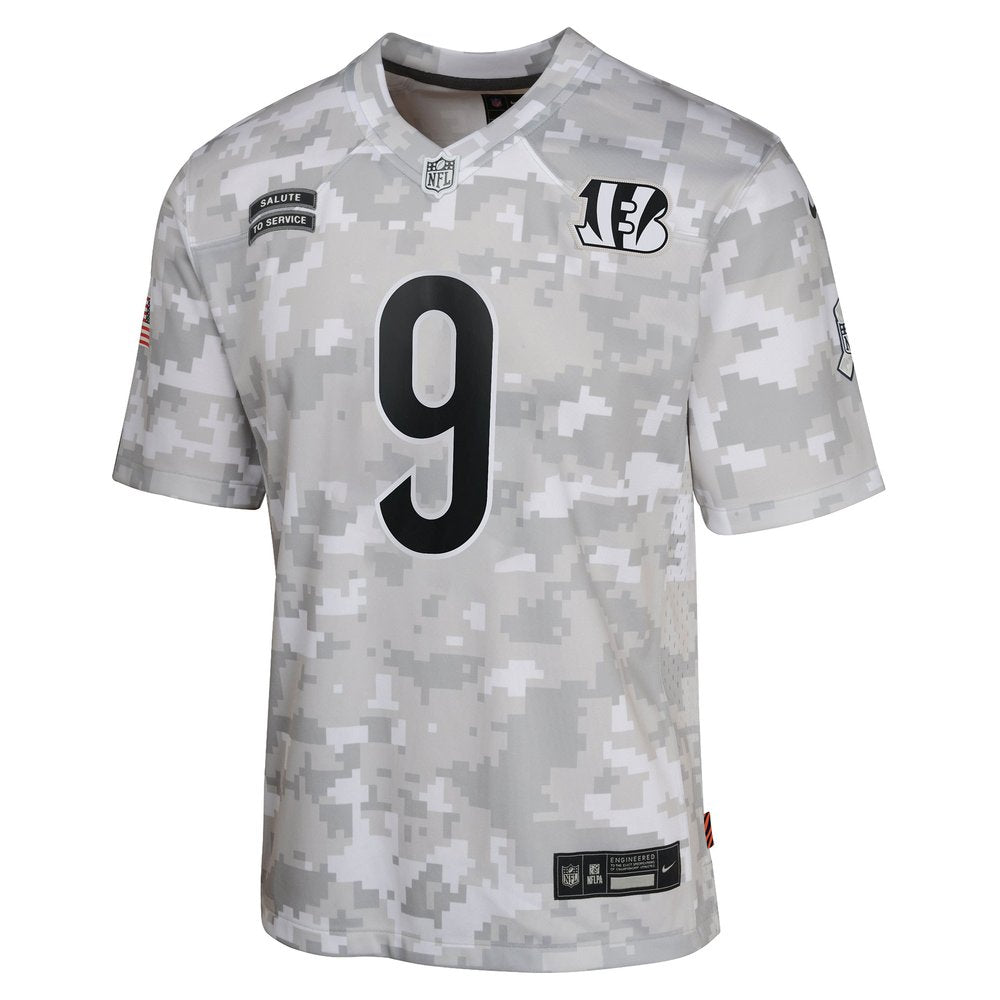 Youth Cincinnati Bengals Joe Burrow Arctic Camo 2024 Salute to Service Game Jersey 