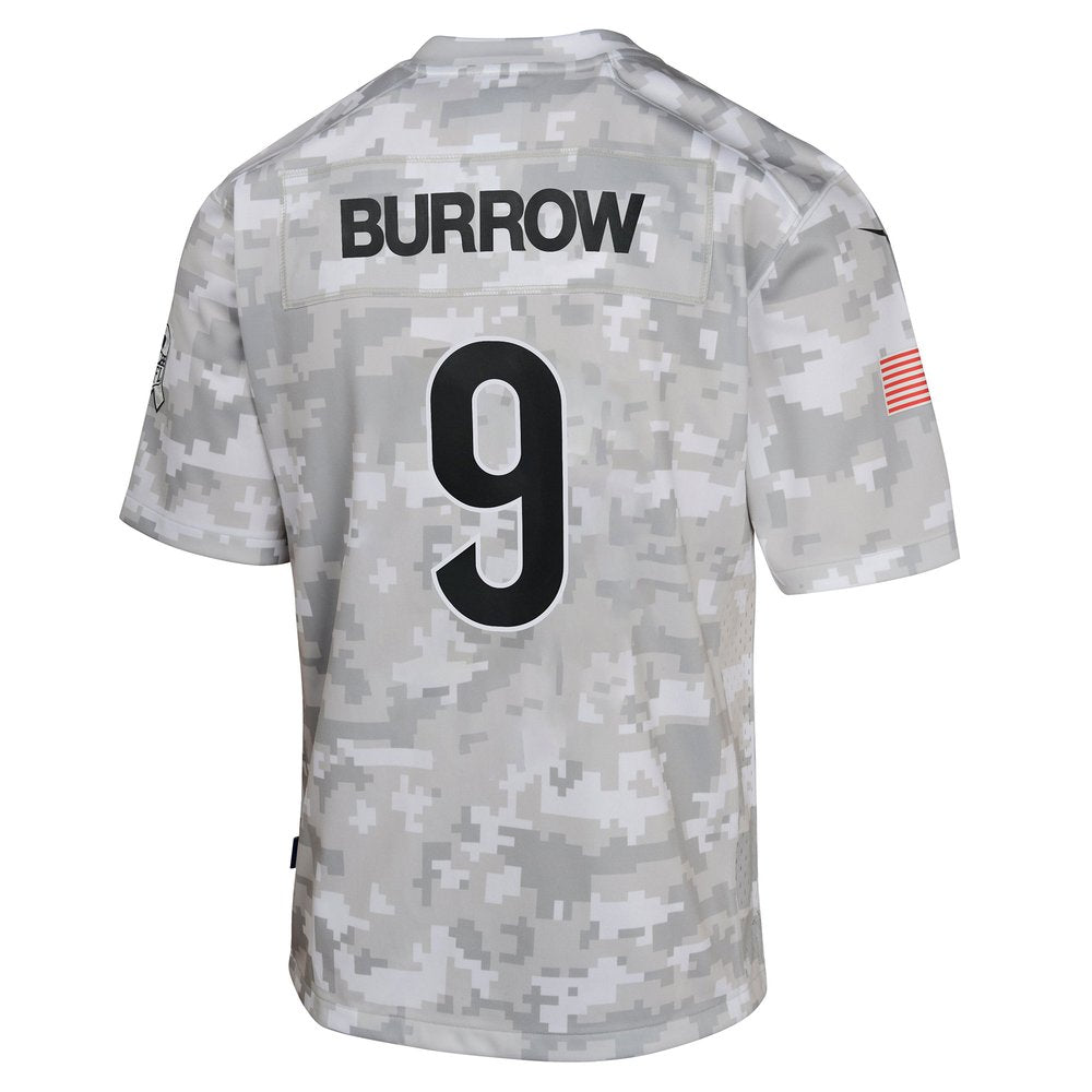 Youth Cincinnati Bengals Joe Burrow Arctic Camo 2024 Salute to Service Game Jersey 