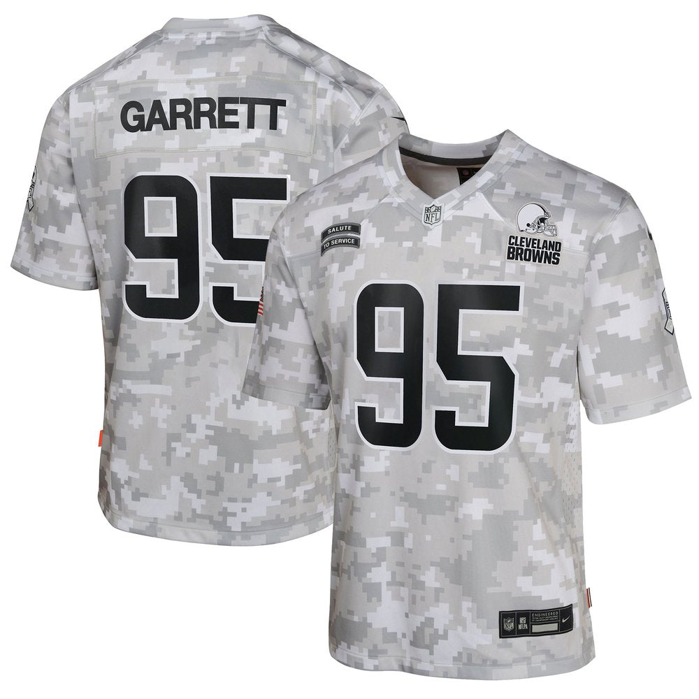 Youth Cleveland Browns Myles Garrett Arctic Camo 2024 Salute to Service Game Jersey 