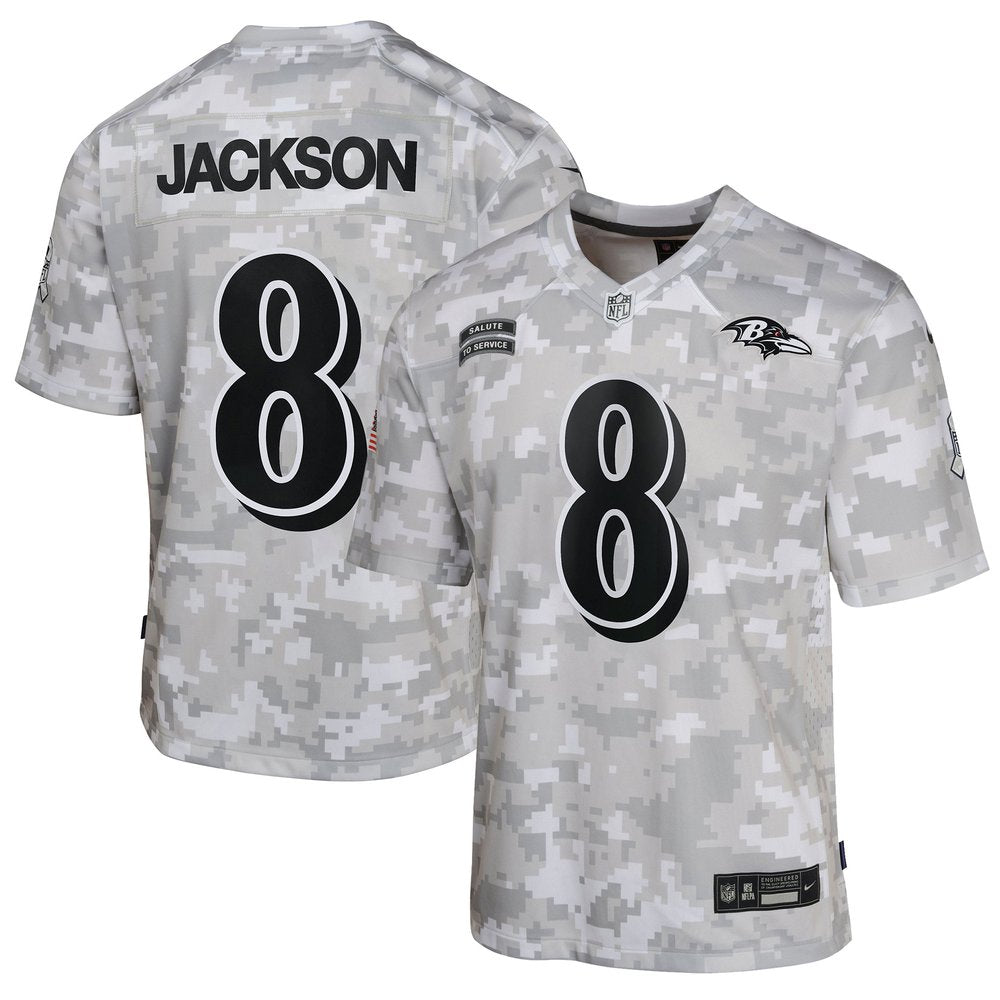 Youth Baltimore Ravens Lamar Jackson Arctic Camo 2024 Salute to Service Game Jersey 