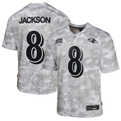 Youth Baltimore Ravens Lamar Jackson Arctic Camo 2024 Salute to Service Game Jersey 