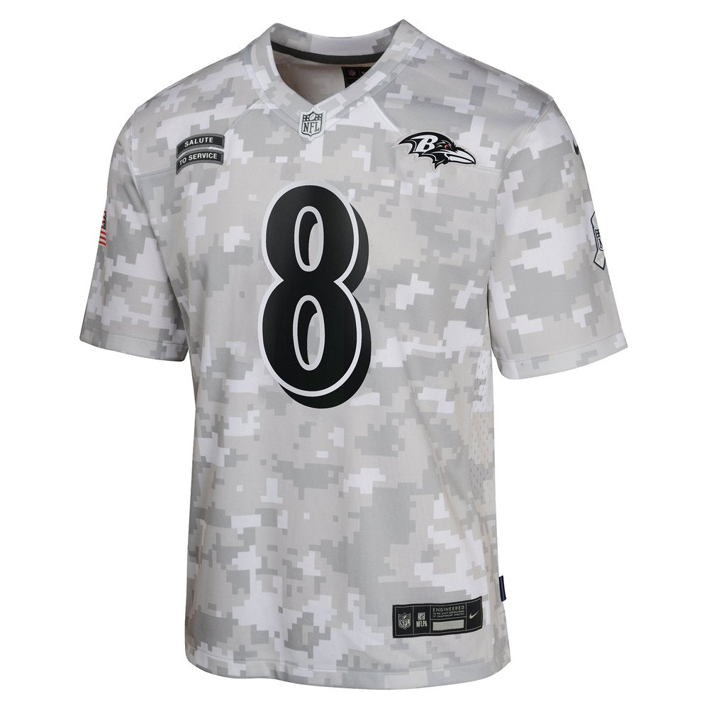 Youth Baltimore Ravens Lamar Jackson Arctic Camo 2024 Salute to Service Game Jersey 