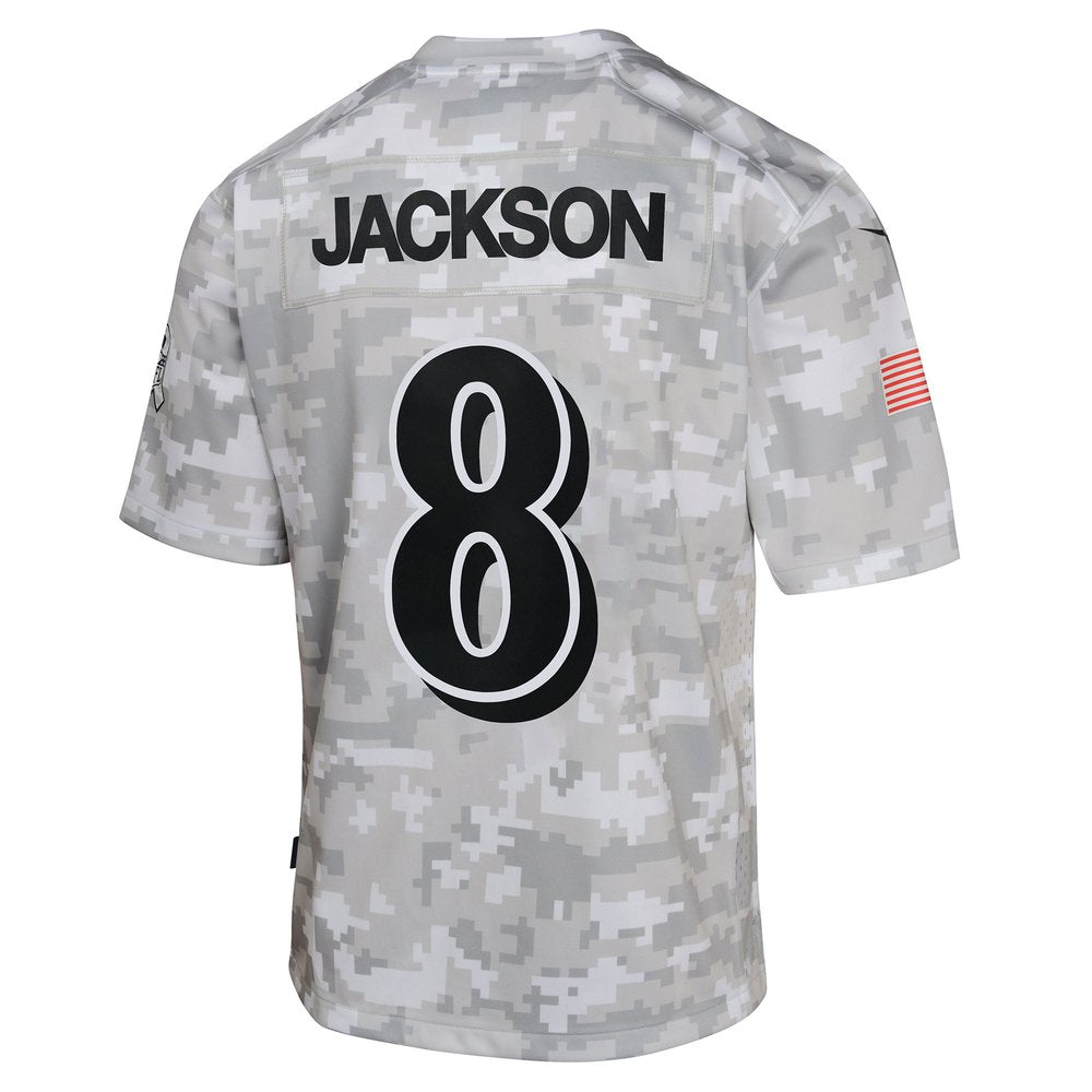 Youth Baltimore Ravens Lamar Jackson Arctic Camo 2024 Salute to Service Game Jersey 