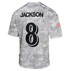 Youth Baltimore Ravens Lamar Jackson Arctic Camo 2024 Salute to Service Game Jersey 