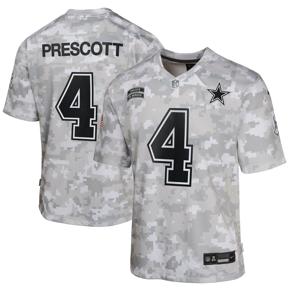 Youth Dallas Cowboys Dak Prescott Arctic Camo 2024 Salute to Service Game Jersey 