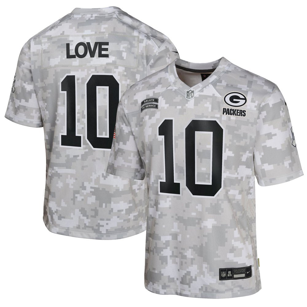 Youth Green Bay Packers Jordan Love Arctic Camo 2024 Salute to Service Game Jersey 