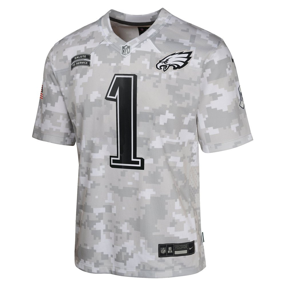 Youth Philadelphia Eagles Jalen Hurts Arctic Camo 2024 Salute to Service Game Jersey 