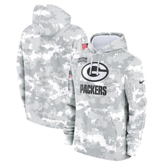 Youth Green Bay Packers White/Gray 2024 Salute To Service Pullover Hoodie 