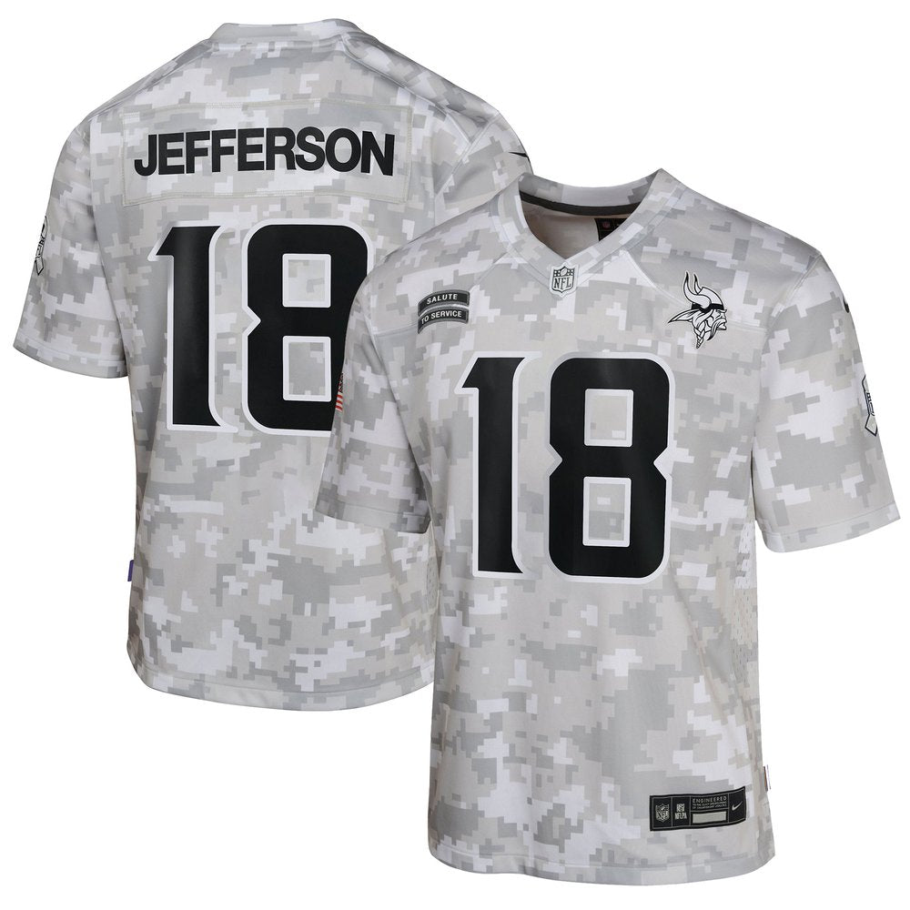 Youth Minnesota Vikings Justin Jefferson Arctic Camo 2024 Salute to Service Game Jersey 