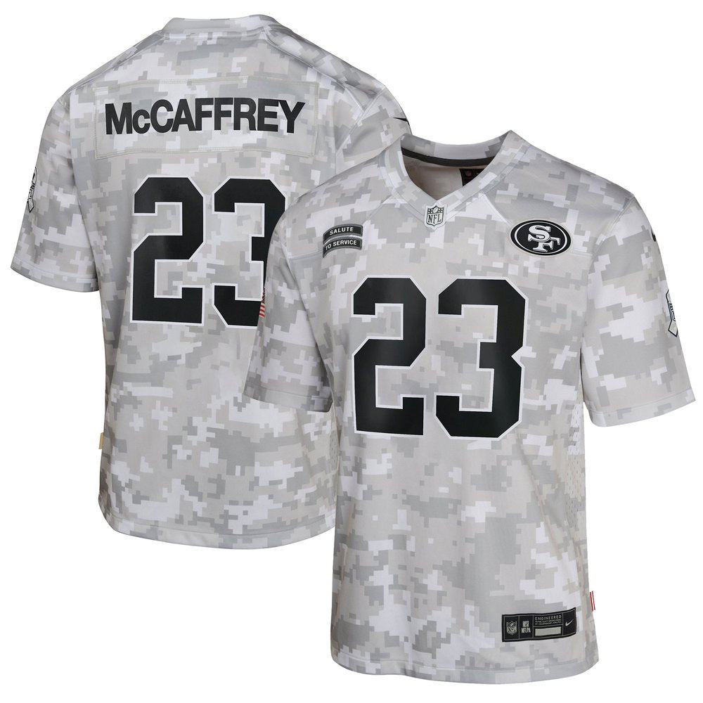 Youth San Francisco 49ers Christian McCaffrey Arctic Camo 2024 Salute to Service Game Jersey 