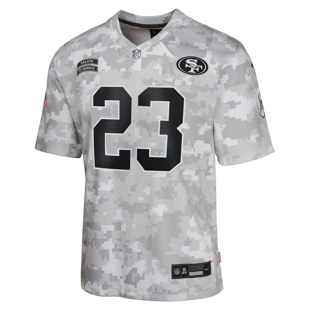 Youth San Francisco 49ers Christian McCaffrey Arctic Camo 2024 Salute to Service Game Jersey 