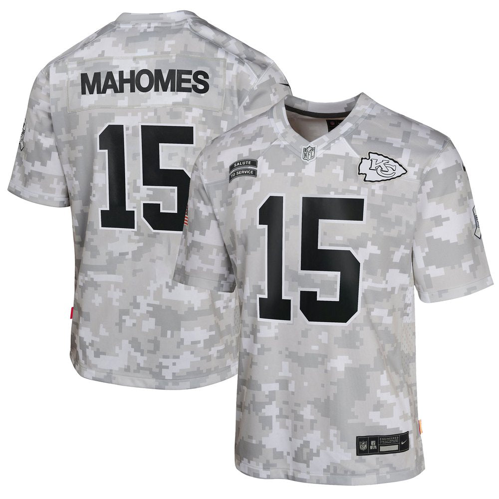 Youth Kansas City Chiefs Patrick Mahomes Arctic Camo 2024 Salute to Service Game Jersey 