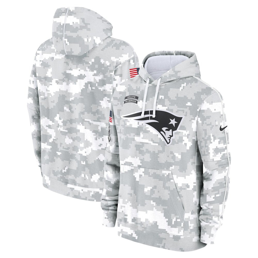 Youth New England Patriots White/Gray 2024 Salute To Service Pullover Hoodie 