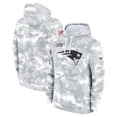 Youth New England Patriots White/Gray 2024 Salute To Service Pullover Hoodie 