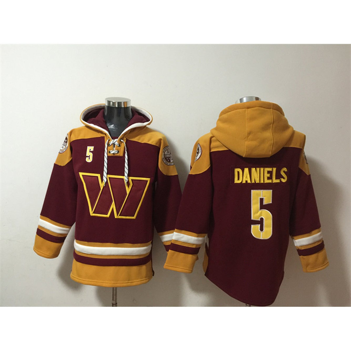 Men's Washington Commanders #5 Jayden Daniels Burgundy Ageless Must-Have Lace-Up Pullover Hoodie 