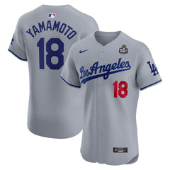 Men's Los Angeles Dodgers Yoshinobu Yamamoto Gray 2024 World Series Road Elite Player Jersey