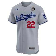 Men's Los Angeles Dodgers Clayton Kershaw Gray 2024 World Series Road Elite Player Jersey