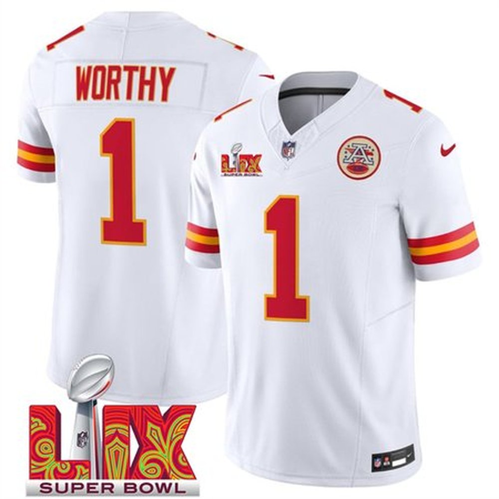 Men's Kansas City Chiefs #1 Xavier Worthy White 2025 Super Bowl LIX Patch F.U.S.E. Vapor Limited Stitched Football Jersey 