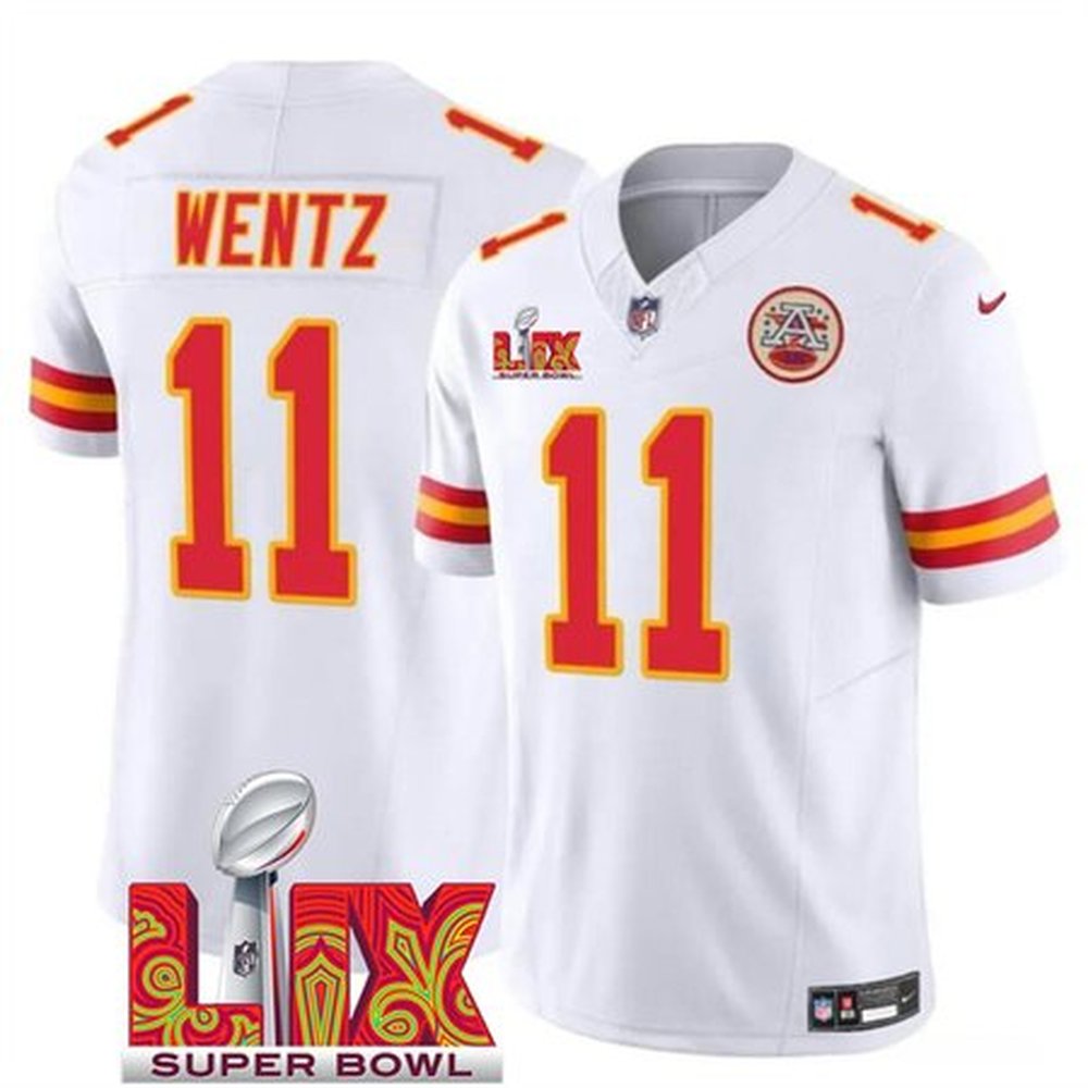 Men's Kansas City Chiefs #11 Carson Wentz White 2025 Super Bowl LIX Patch F.U.S.E. Vapor Limited Stitched Football Jersey 