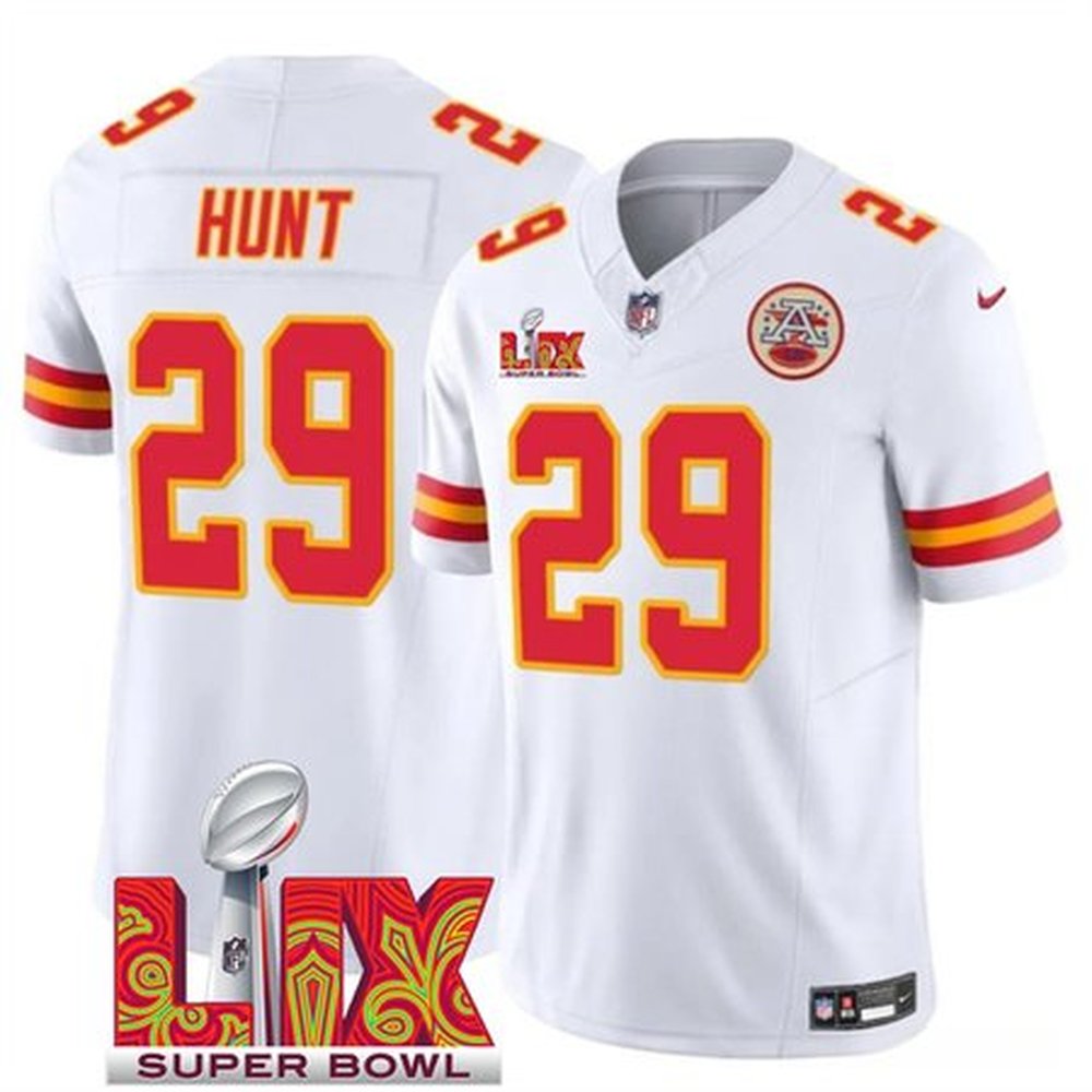 Men's Kansas City Chiefs #29 Kareem Hunt White 2025 Super Bowl LIX Patch F.U.S.E. Vapor Limited Stitched Football Jersey 