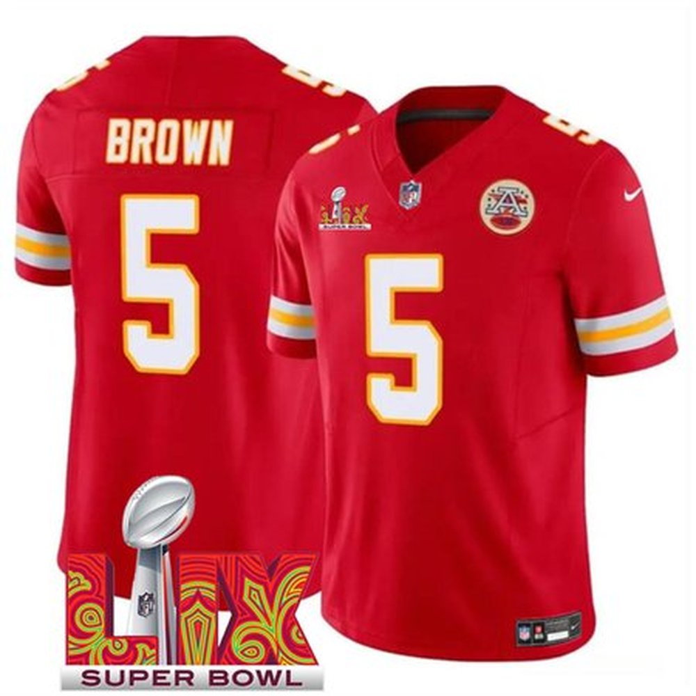 Men's Kansas City Chiefs #5 Hollywood Brown Red 2025 Super Bowl LIX Patch F.U.S.E. Vapor Limited Stitched Football Jersey 