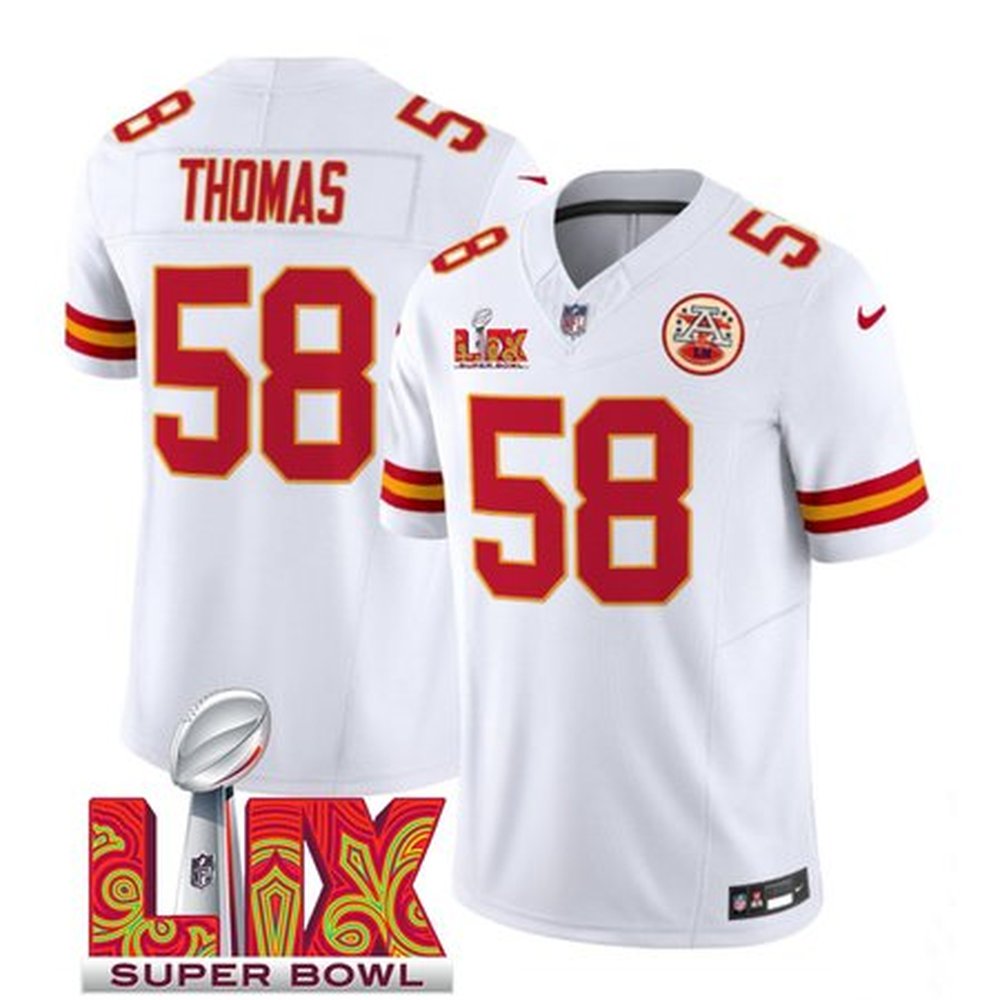 Men's Kansas City Chiefs #58 Derrick Thomas White 2025 Super Bowl LIX Patch F.U.S.E. Vapor Limited Stitched Football Jersey 