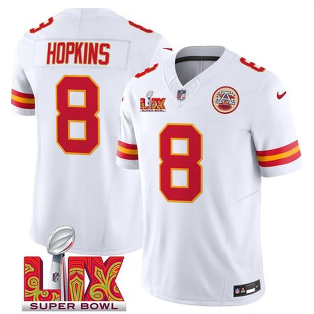 Men's Kansas City Chiefs #8 DeAndre Hopkins White 2025 Super Bowl LIX Patch F.U.S.E. Vapor Limited Stitched Football Jersey 