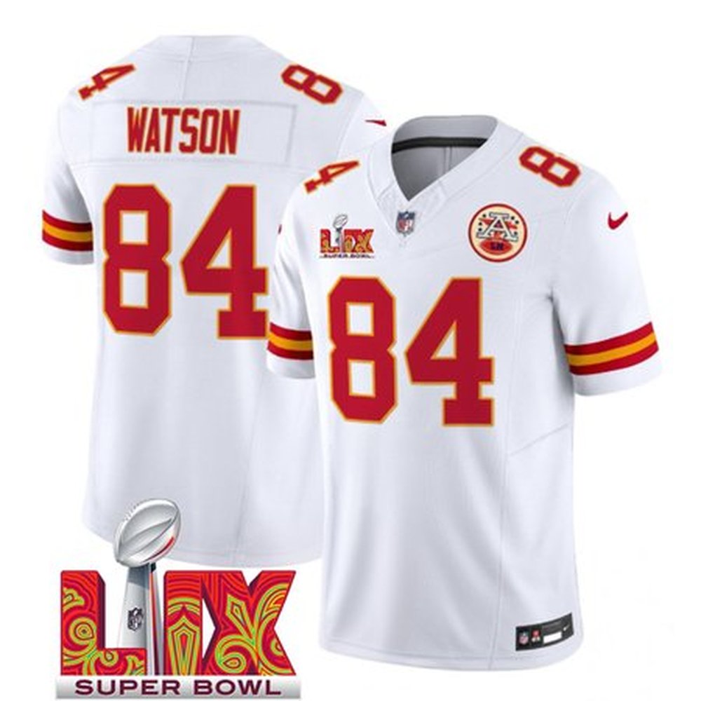 Men's Kansas City Chiefs #84 Justin Watson White 2025 Super Bowl LIX Patch F.U.S.E. Vapor Limited Stitched Football Jersey 