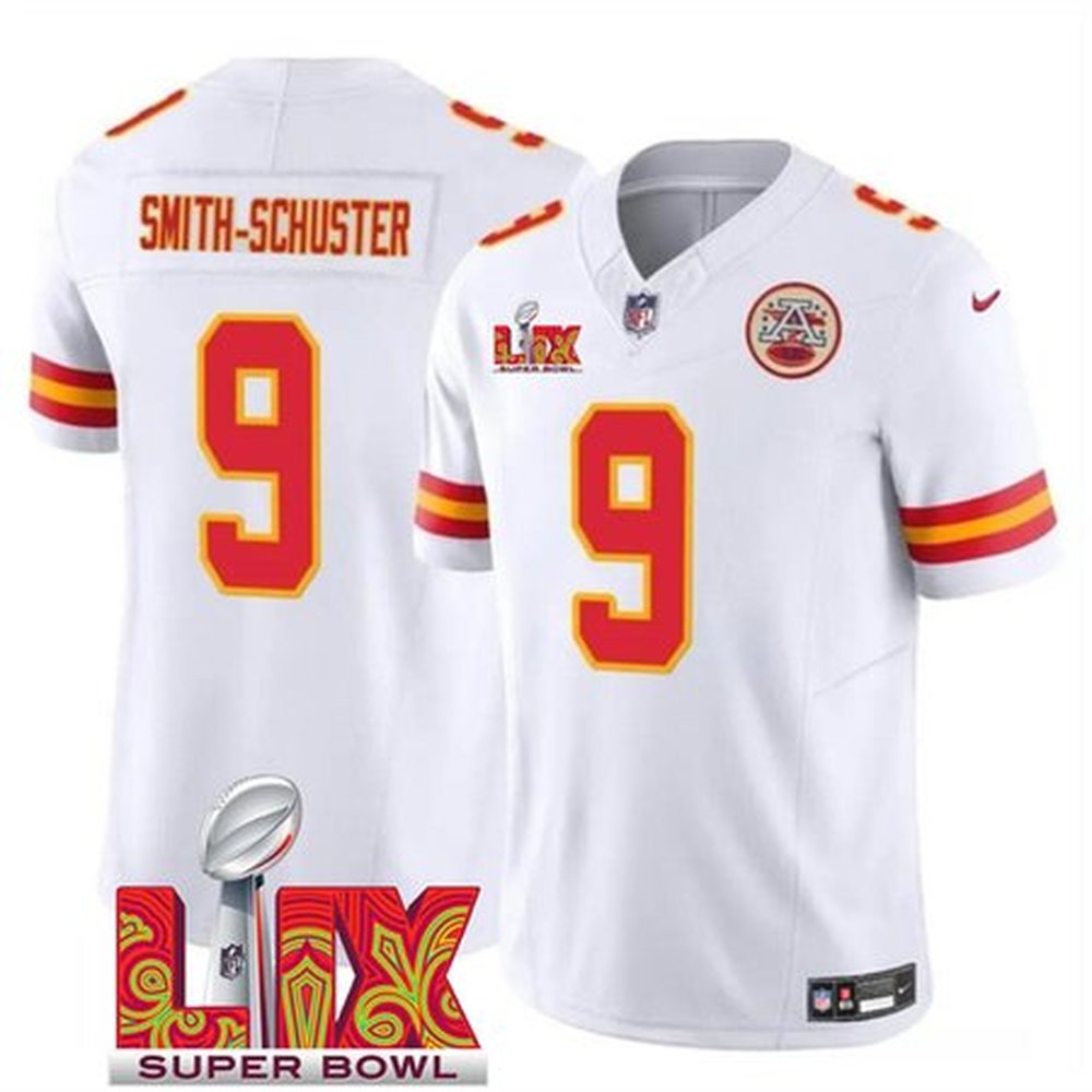 Men's Kansas City Chiefs #9 JuJu Smith-Schuster White 2025 Super Bowl LIX Patch F.U.S.E. Vapor Limited Stitched Football Jersey 