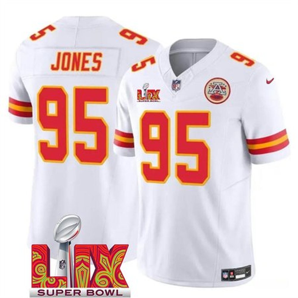 Men's Kansas City Chiefs #95 Chris Jones White 2025 Super Bowl LIX Patch F.U.S.E. Vapor Limited Stitched Football Jersey 